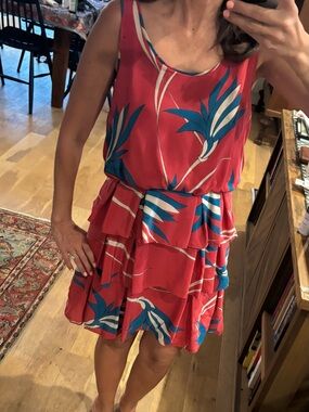 Red Tropical Tiered Mini Dress with Blue Leaf Print